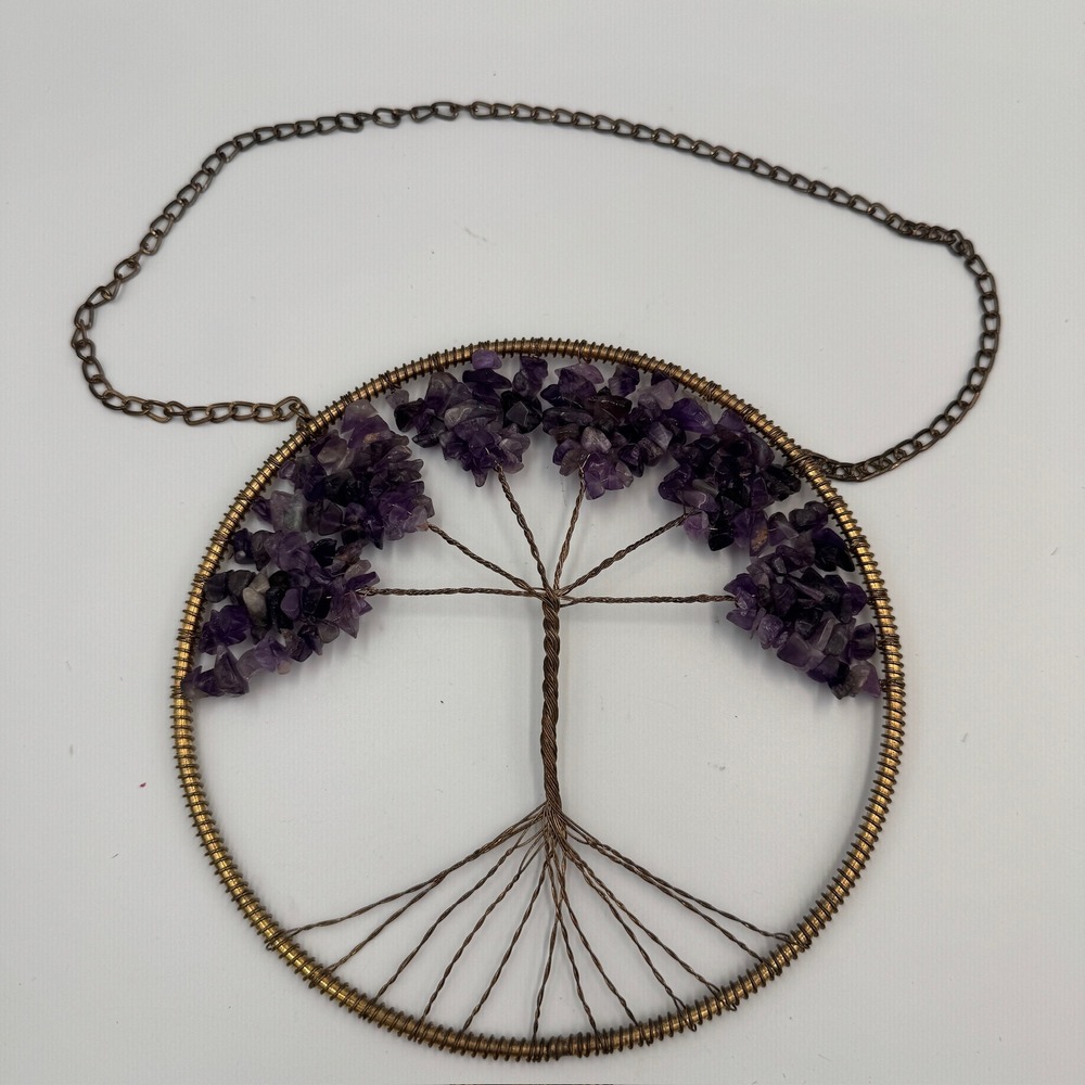 Amethyst Bead Tree of‎ Life Wire Wrapped Wall Hanging Suncatcher Purple Gold
